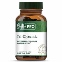 Gaia Herbs Pro Tri-Glycemic herbal supplement bottle with green cap containing 60 liquid phyto-caps.