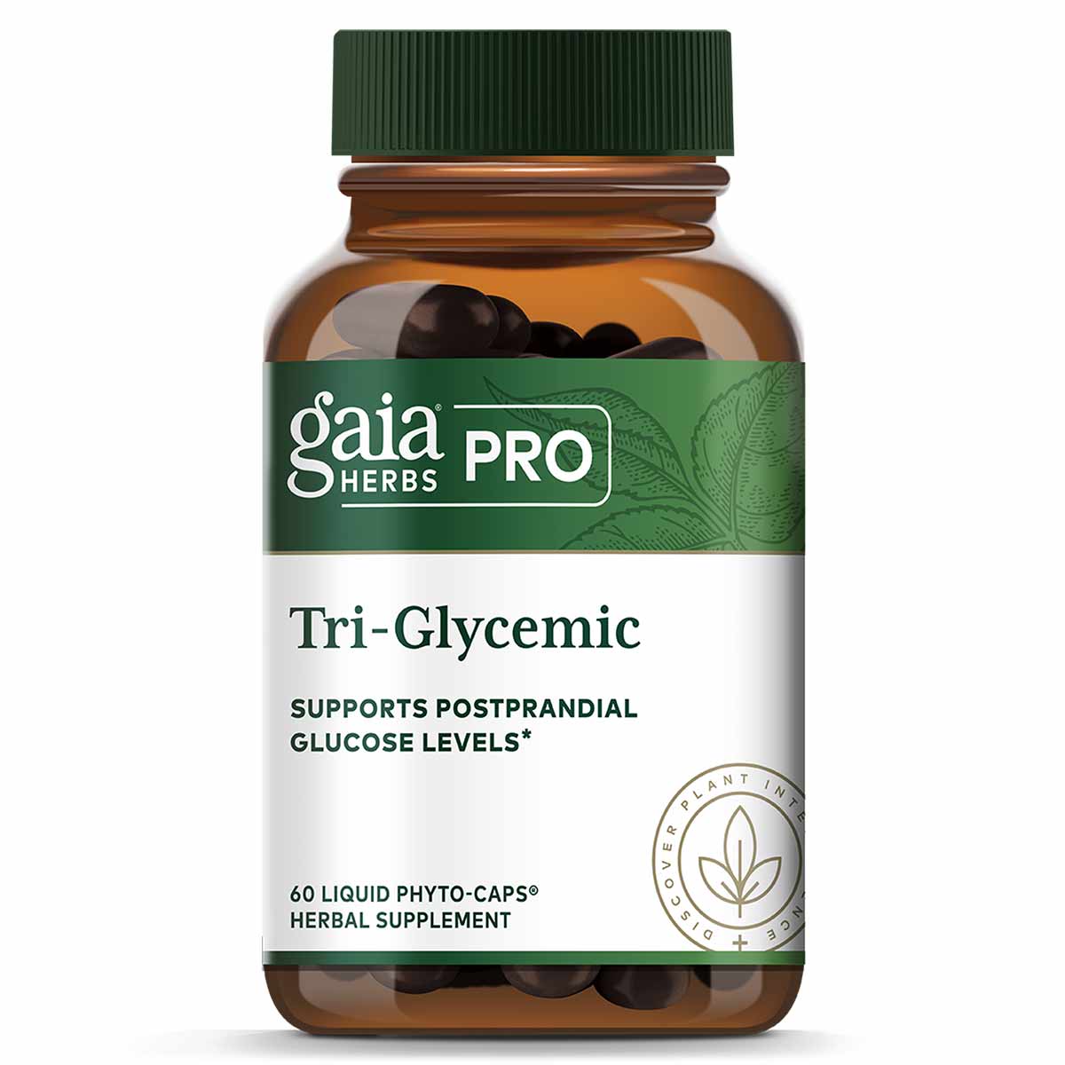 Gaia Herbs Pro Tri-Glycemic herbal supplement bottle with green cap containing 60 liquid phyto-caps.
