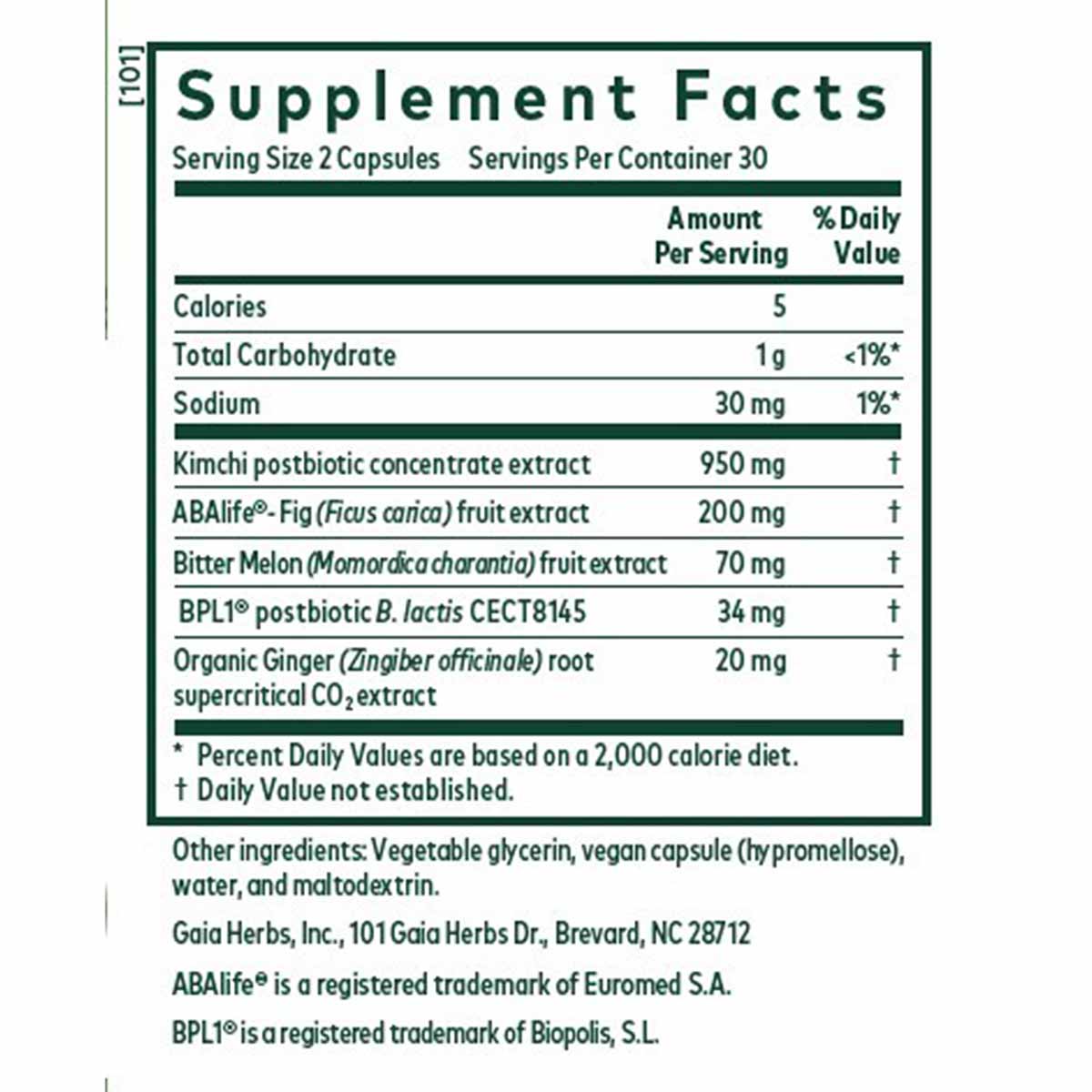 Supplement Facts label for Tri-Glycemic by Gaia Herbs Pro showing serving size, nutritional information, and herbal ingredien