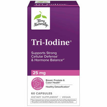 Terry Naturally Tri-Iodine 25 mg bottle in purple and white packaging, containing 60 vegan capsules.