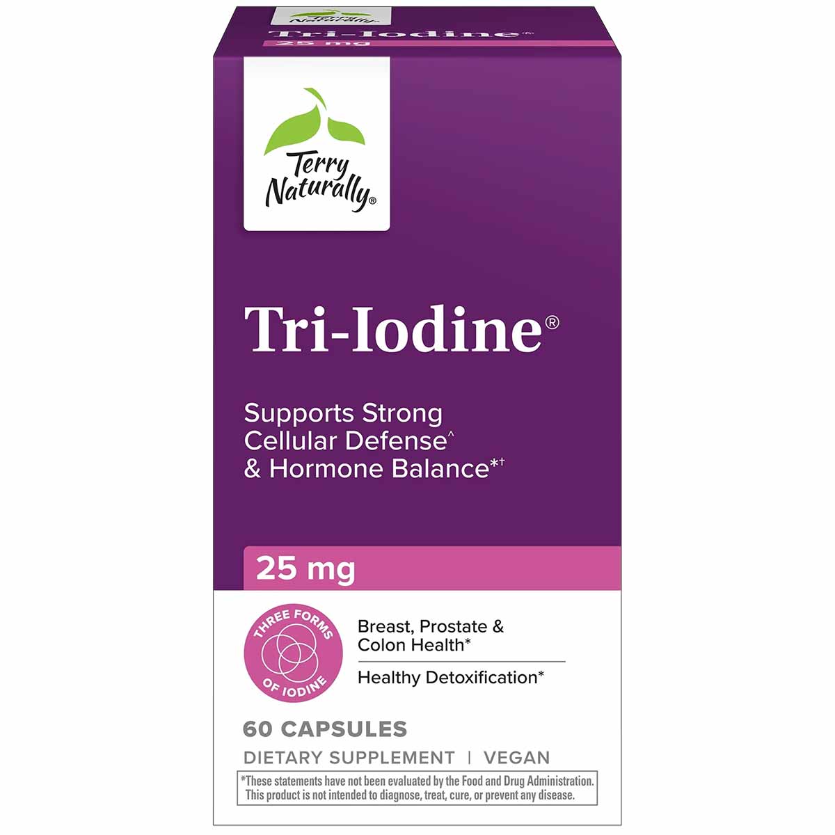 Terry Naturally Tri-Iodine 25 mg bottle in purple and white packaging, containing 60 vegan capsules.