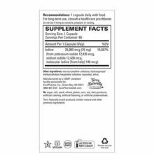Supplement Facts label for Tri-Iodine 25 mg capsules by Terry Naturally showing iodine content and ingredient information.