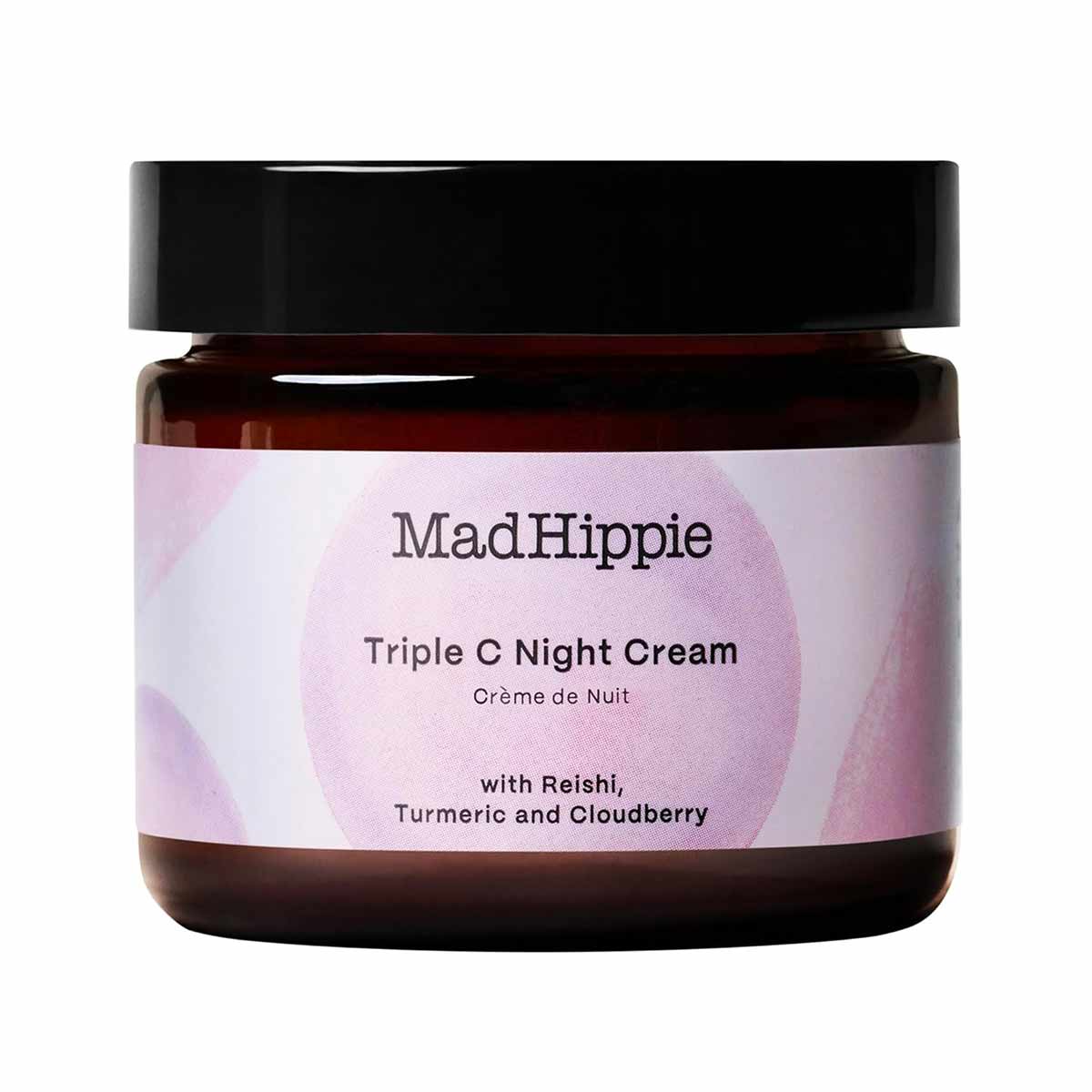 Mad Hippie Triple C Night Cream in dark glass jar with black lid and pink label.