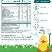 True Littles Daily Kids Multivitamin bottle with supplement facts label, allergen-free badges, and cartoon duck character.