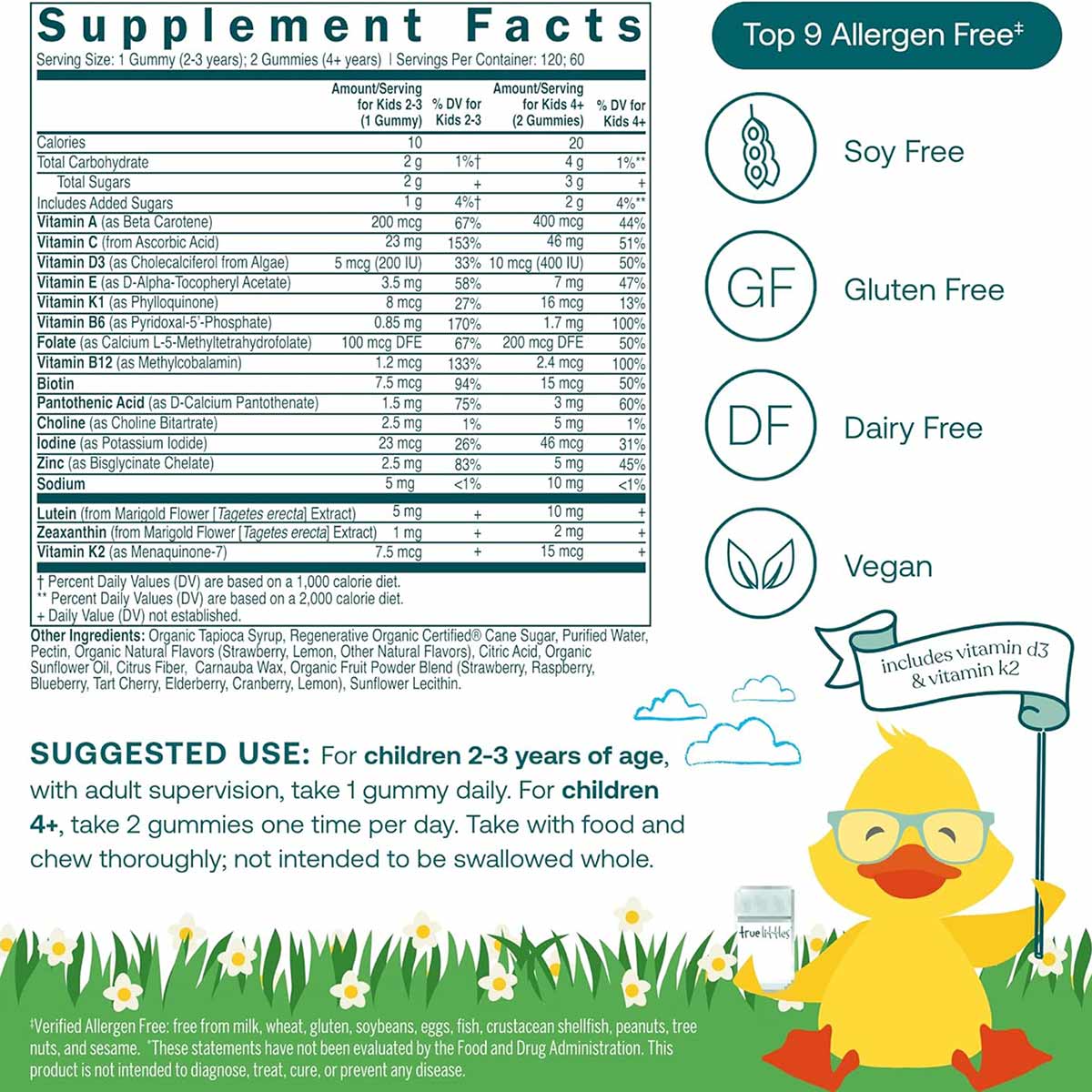 True Littles Daily Kids Multivitamin bottle with supplement facts label, allergen-free badges, and cartoon duck character.