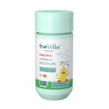 True Littles Daily Kids Multivitamin bottle with mint-green cap and label featuring yellow chick character and fruit graphics