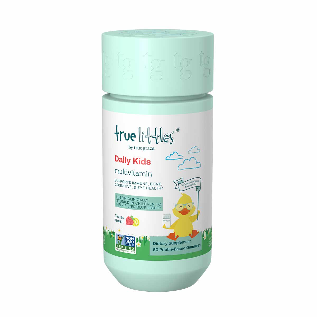 True Littles Daily Kids Multivitamin bottle with mint-green cap and label featuring yellow chick character and fruit graphics
