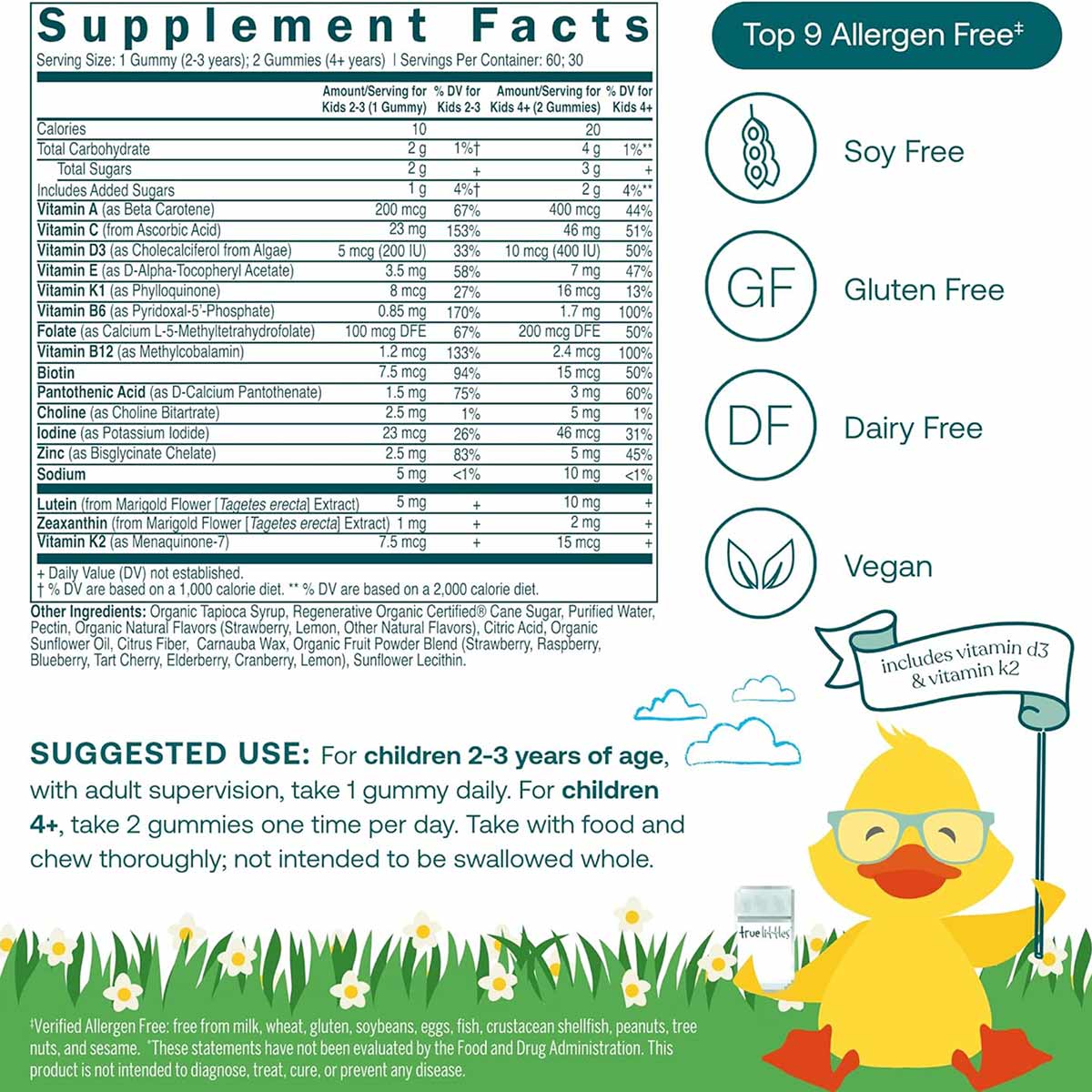 True Littles Daily Kids Multivitamin supplement facts label showing nutrients, allergen-free certifications, and suggested us