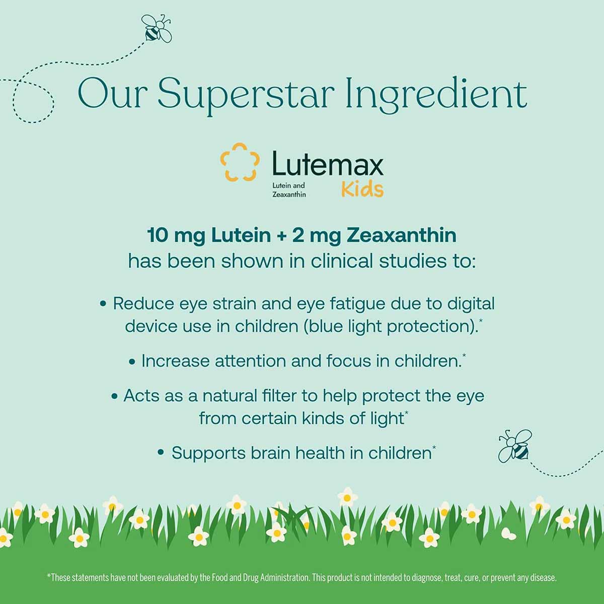 Infographic with light blue background describing Lutemax Kids ingredient containing 10 mg lutein and 2 mg zeaxanthin, with b