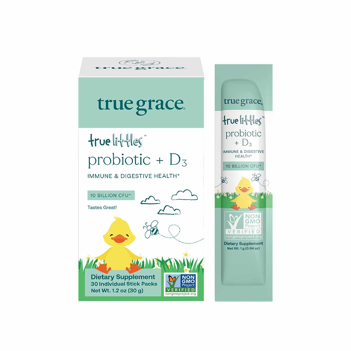 True Grace True Littles Probiotic + D3 box with 30 stick packs and individual packet displayed on white background.