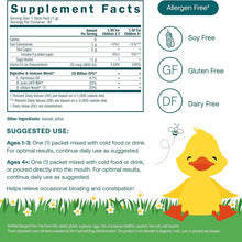 True Littles Probiotic + D3 supplement facts label showing 30 stick packs with digestive blend and allergen-free badges.