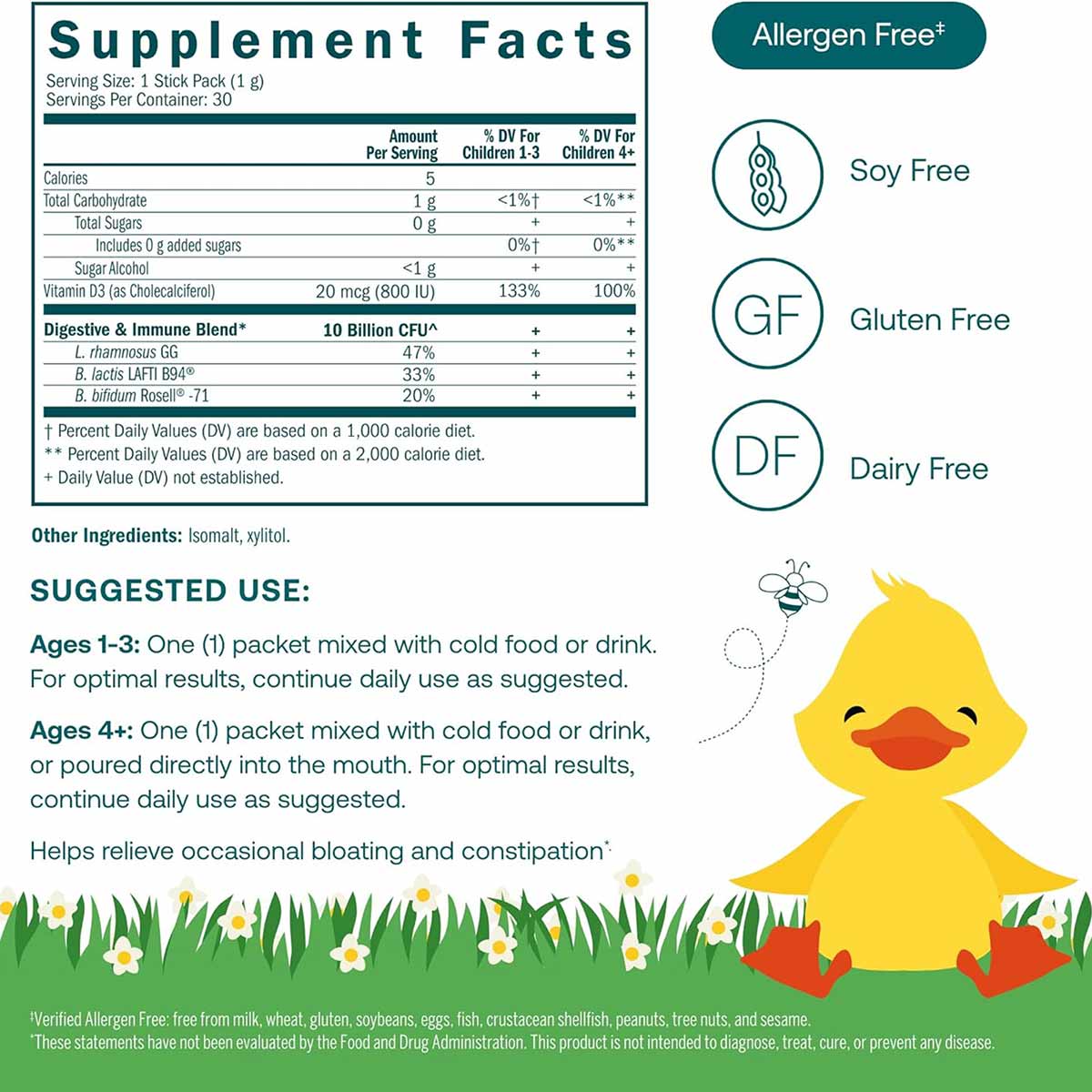 True Littles Probiotic + D3 supplement facts label showing 30 stick packs with digestive blend and allergen-free badges.