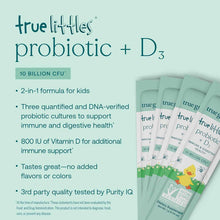 True Littles Probiotic + D3 box with product information text and stack of 30 individual stick packs displayed on light mint 