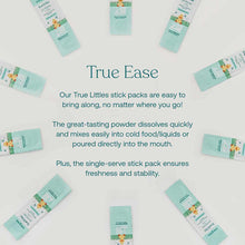 Light blue stick packs arranged in a circle on white background with product information text.