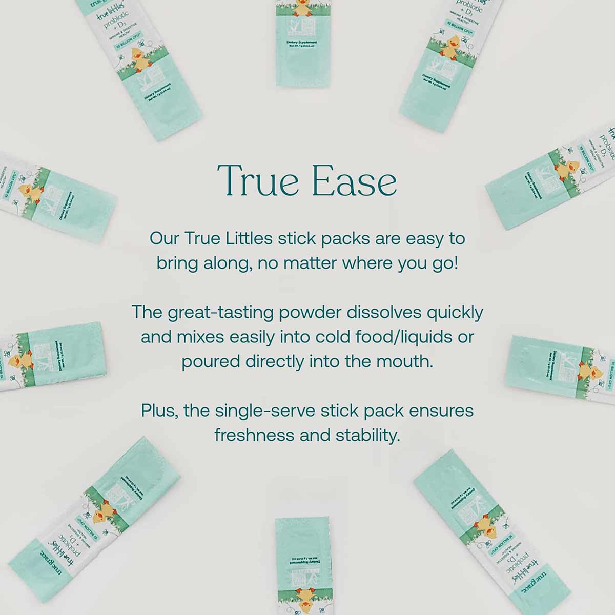 Light blue stick packs arranged in a circle on white background with product information text.