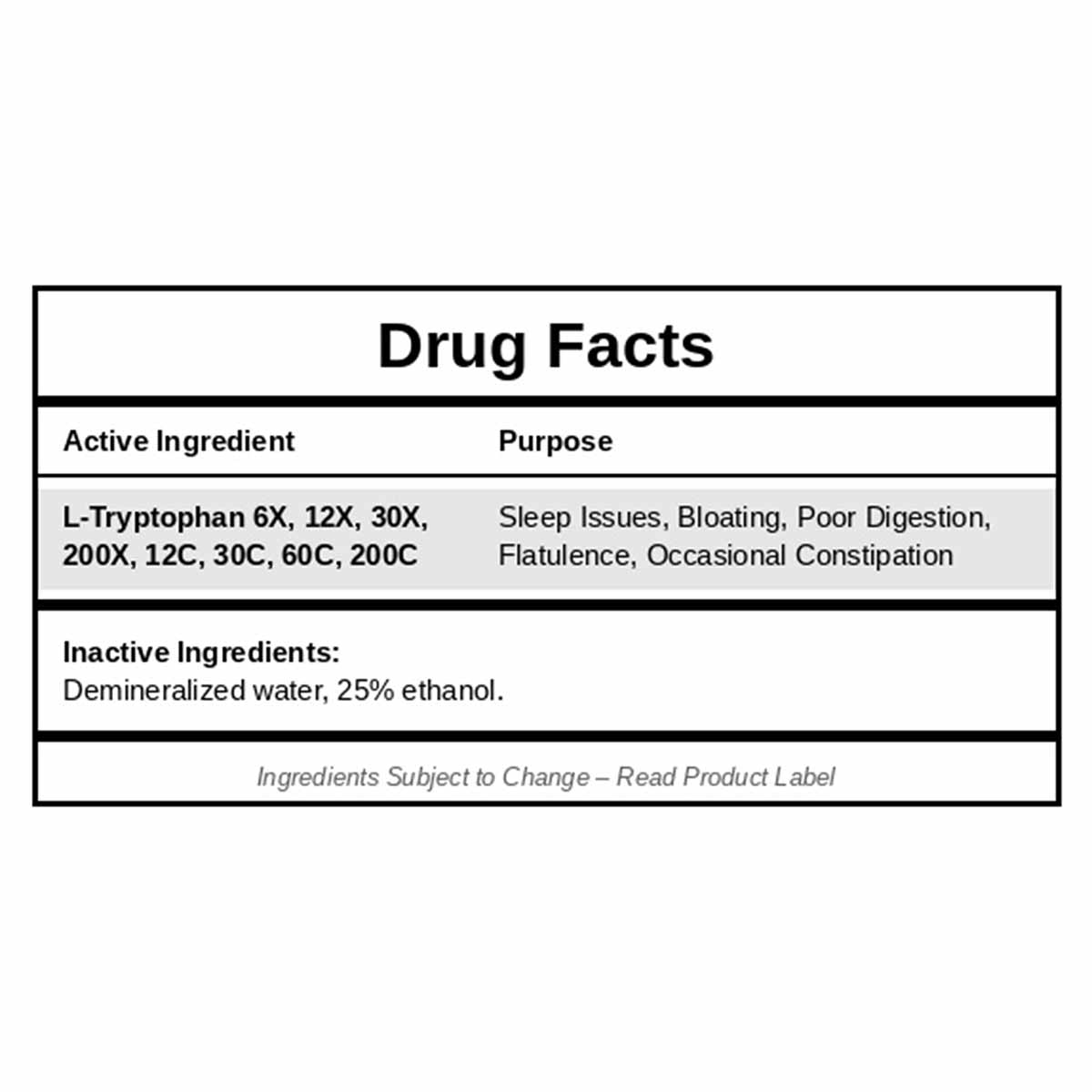 DesBio Tryptophan 1 oz bottle Drug Facts label showing ingredients and purposes.