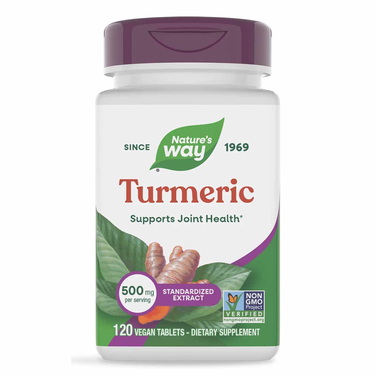 Nature's Way Turmeric standardized extract supplement bottle with purple cap containing 120 vegan tablets.