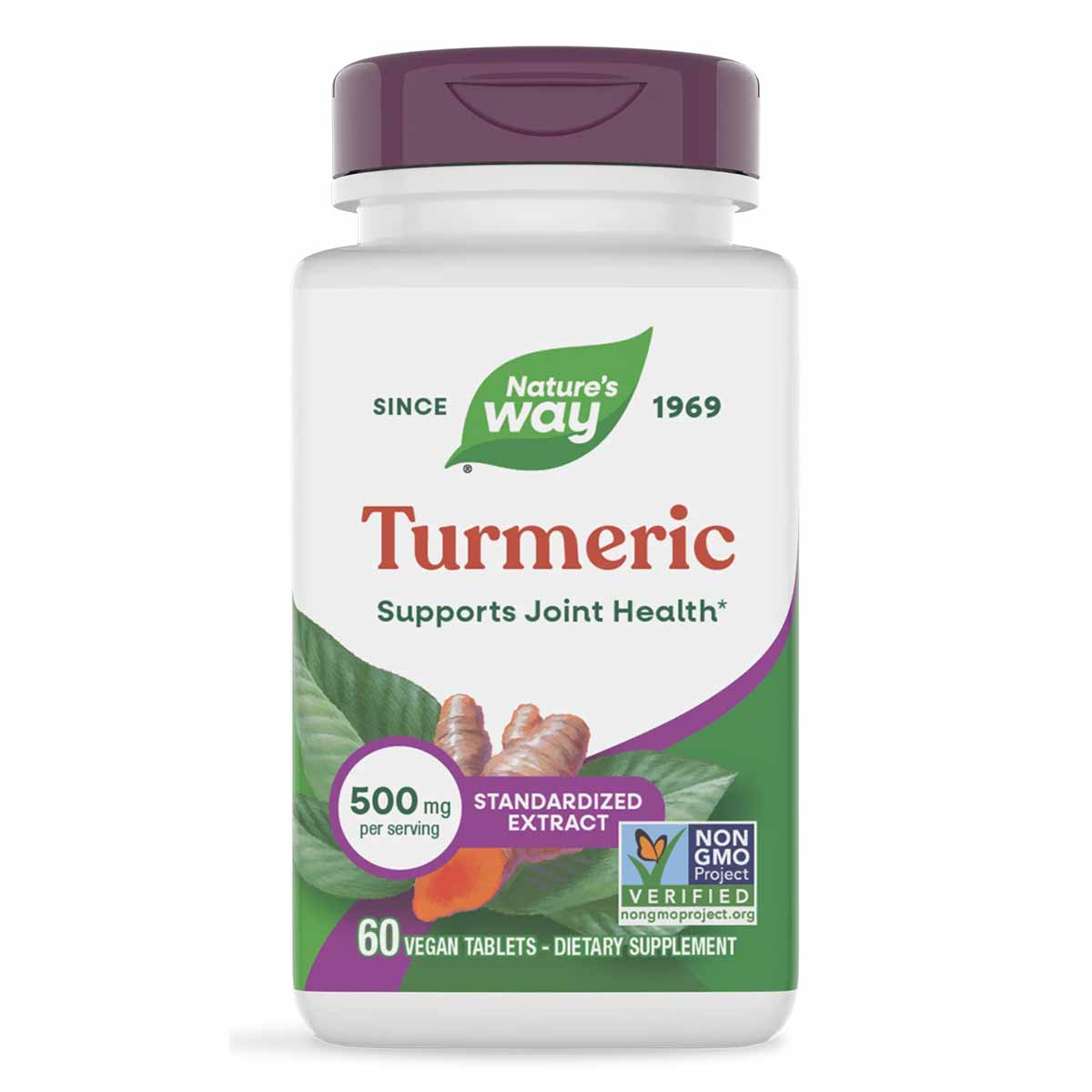 Nature's Way Turmeric Standardized Extract supplement bottle with purple cap containing 60 vegan tablets, 500 mg per serving.