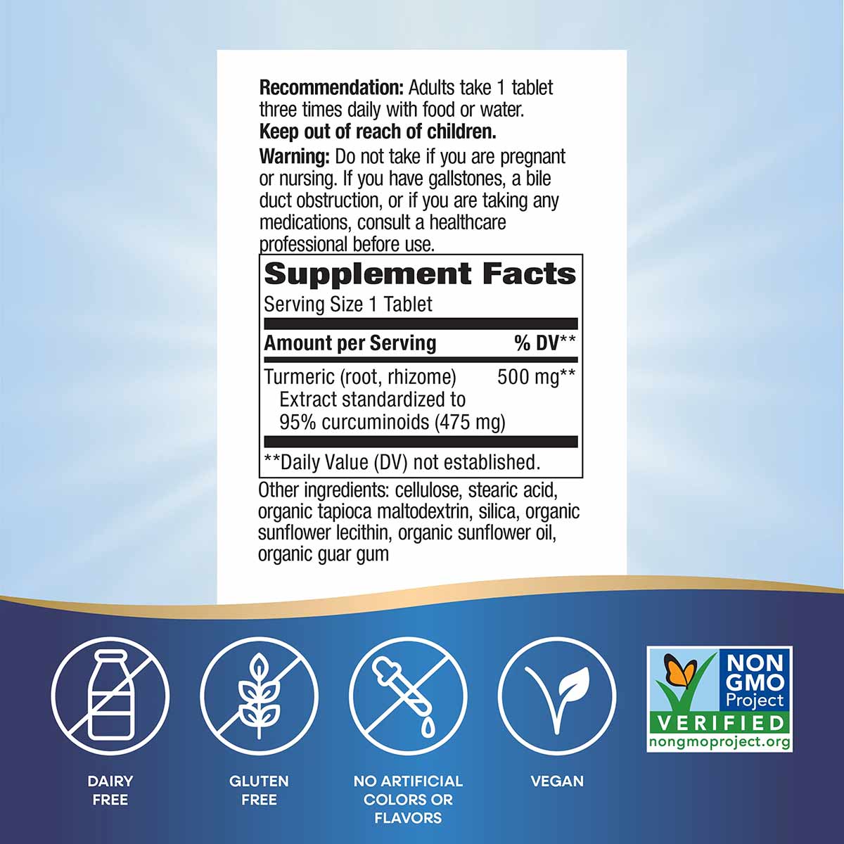 Turmeric supplement tablet label displaying dosage instructions, supplement facts with 500mg turmeric extract, and certificat
