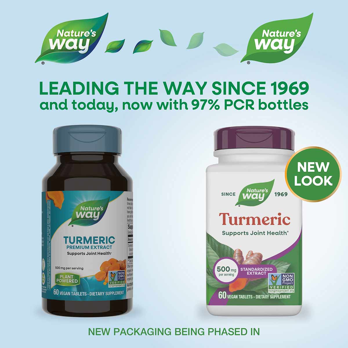 Two Nature's Way turmeric supplement bottles side by side, one dark glass and one white plastic with purple cap, both labeled