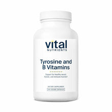 White supplement bottle labeled "Vital Nutrients Tyrosine and B Vitamins" containing 100 vegan capsules.