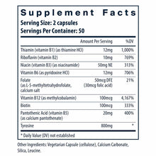 Supplement Facts label showing ingredients for Tyrosine & B Vitamins capsules with serving size of 2 capsules.