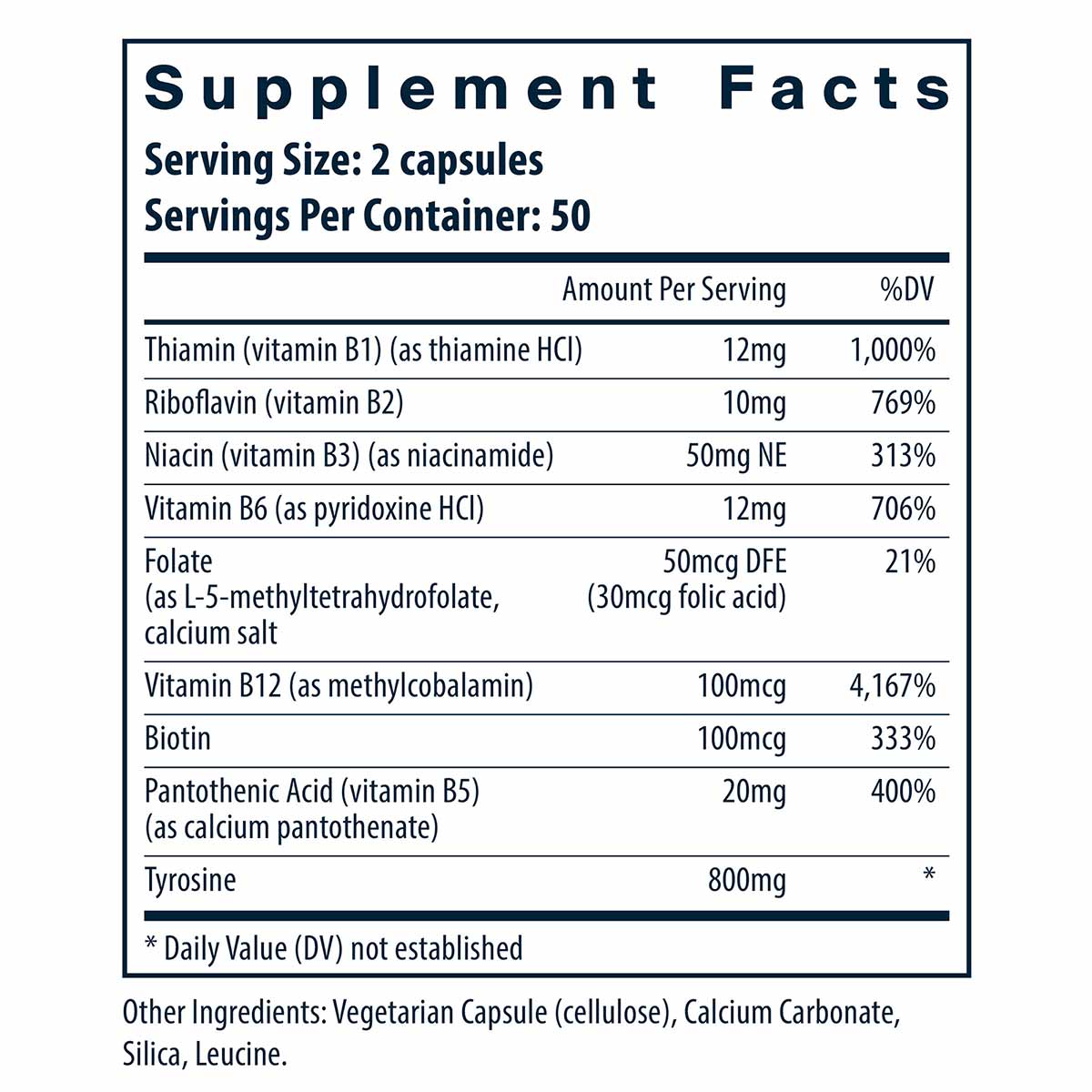 Supplement Facts label showing ingredients for Tyrosine & B Vitamins capsules with serving size of 2 capsules.
