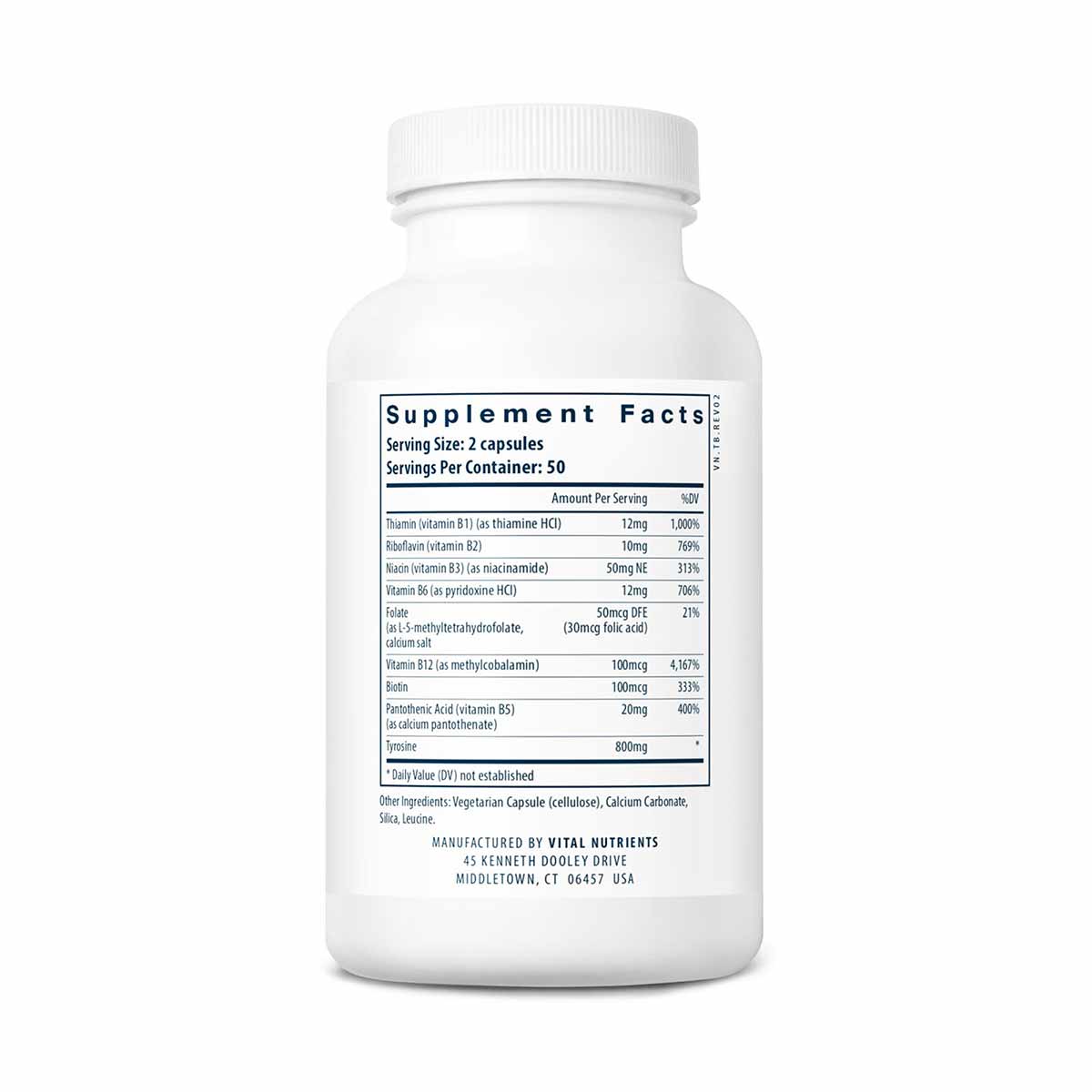 White supplement bottle with white cap containing 100 capsules, label displays Supplement Facts with ingredient list and manu