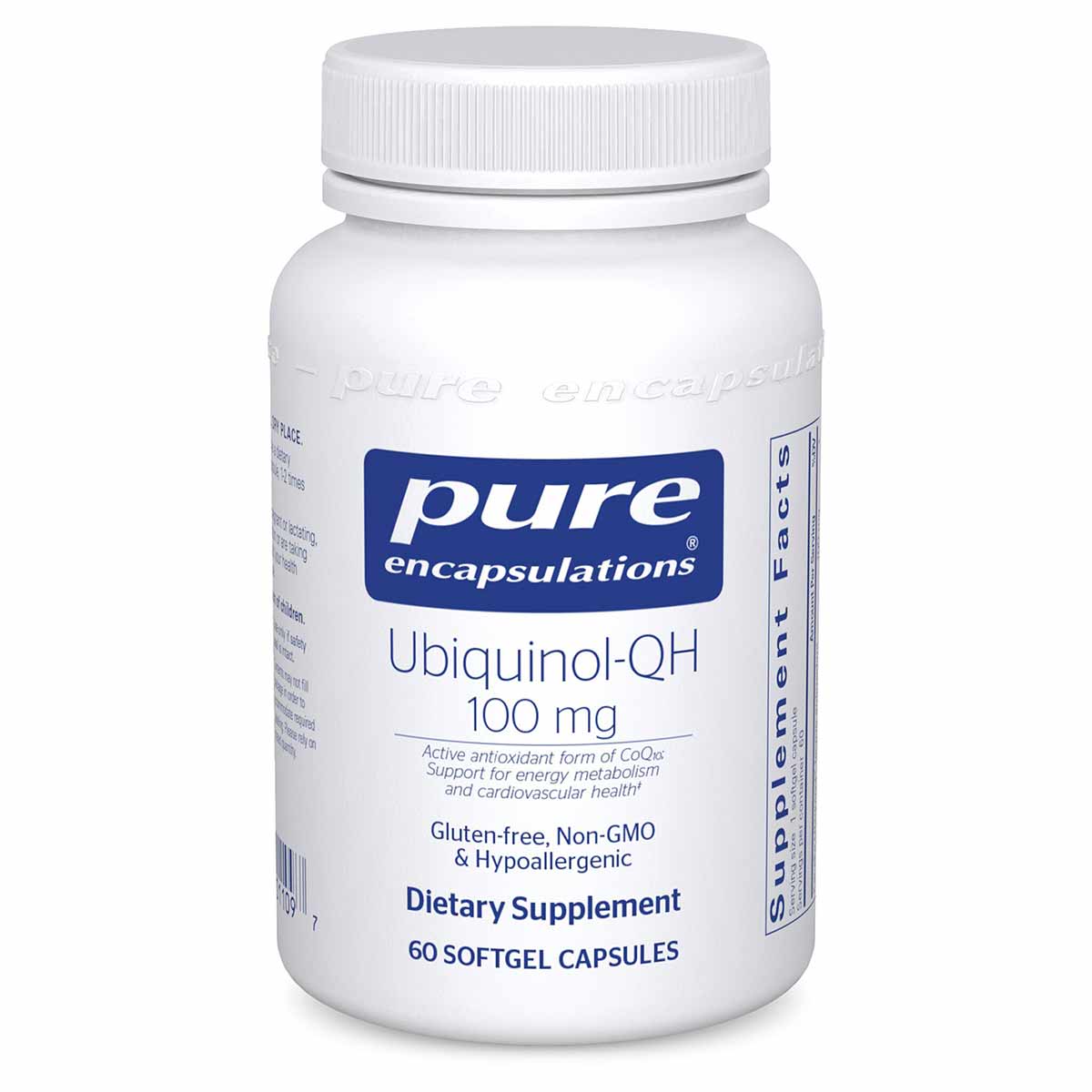 White bottle with white cap labeled "pure encapsulations Ubiquinol-QH 100 mg, 60 softgel capsules."