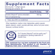Supplement Facts label for Ubiquinol-QH 100mg softgel capsules showing 60 servings per container with ingredient list.