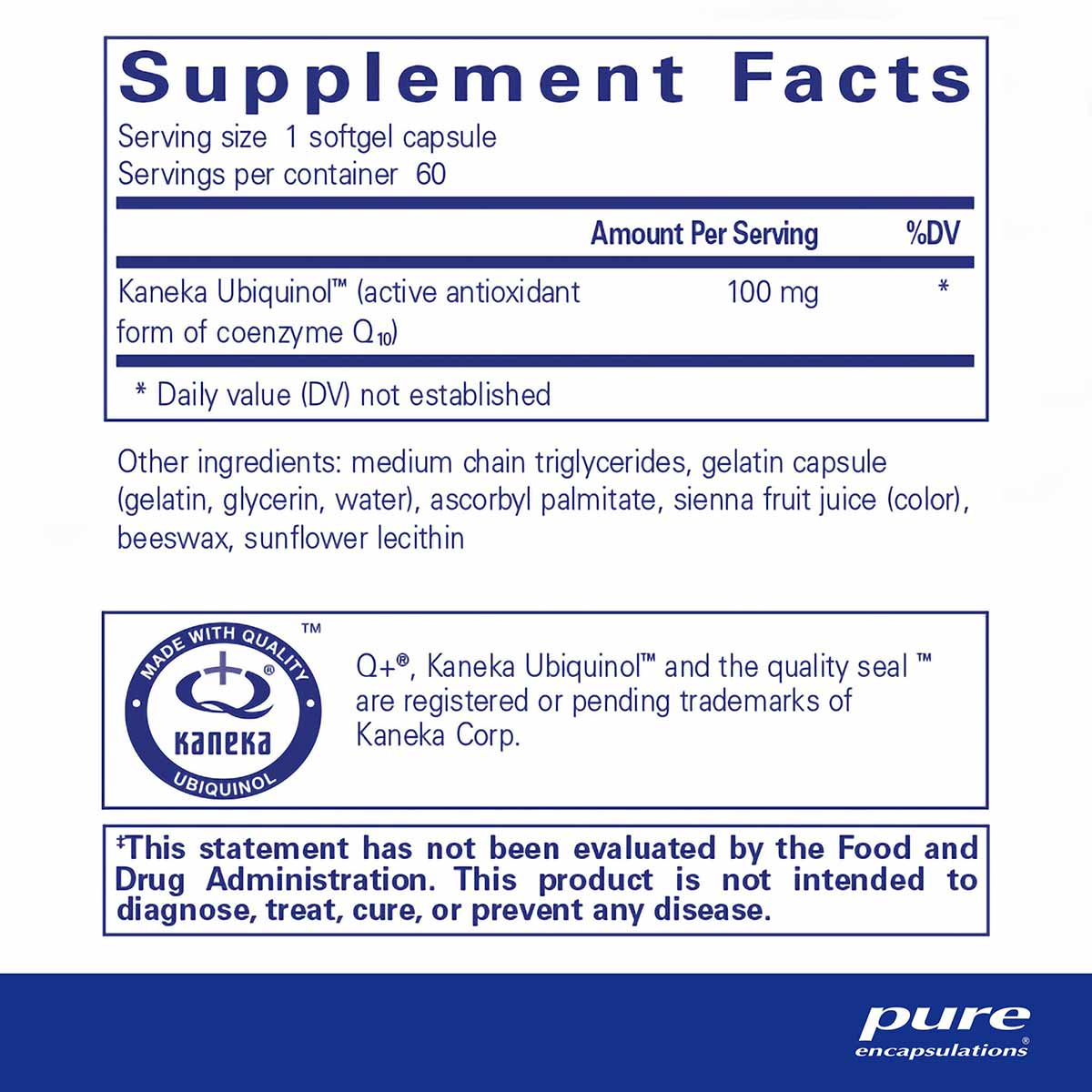 Supplement Facts label for Ubiquinol-QH 100mg softgel capsules showing 60 servings per container with ingredient list.