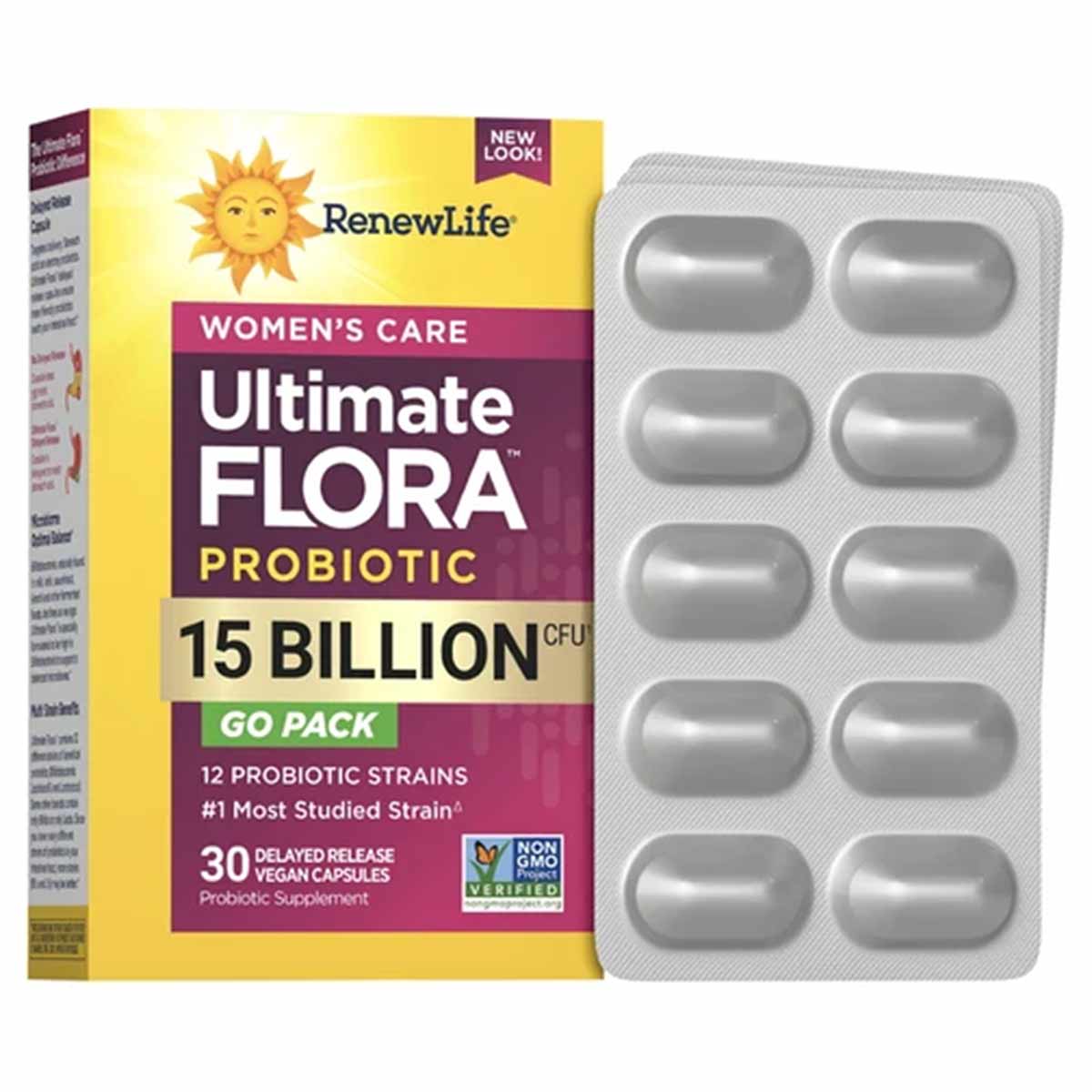 Renew Life Ultimate Flora probiotic supplement box with yellow and purple labeling next to a blister pack of 10 gray capsules