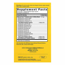 Yellow supplement facts label for Ultimate Flora Probiotic 15 Billion Women's Care with directions and ingredient list.