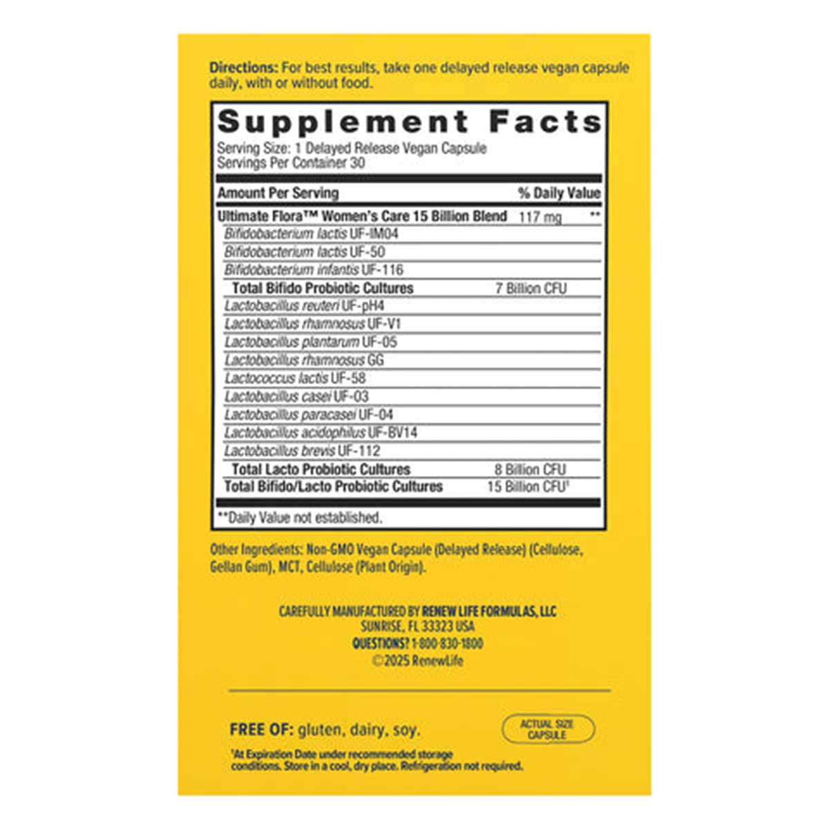 Yellow supplement facts label for Ultimate Flora Probiotic 15 Billion Women's Care with directions and ingredient list.