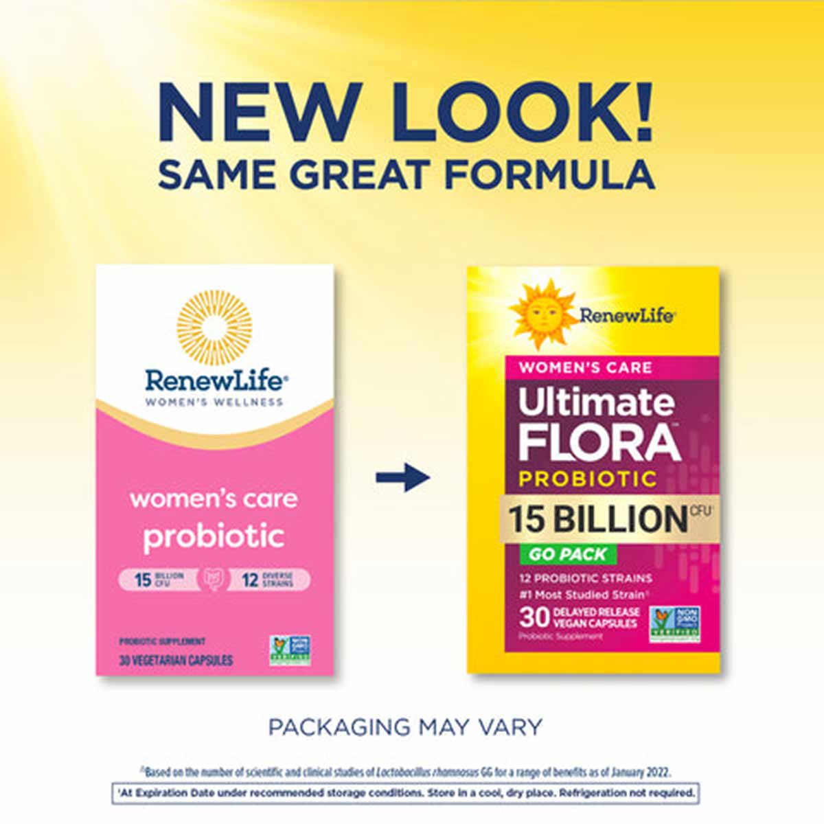 Renew Life Ultimate Flora Probiotic 15 Billion Women's Care packaging shown in old and new designs side by side.