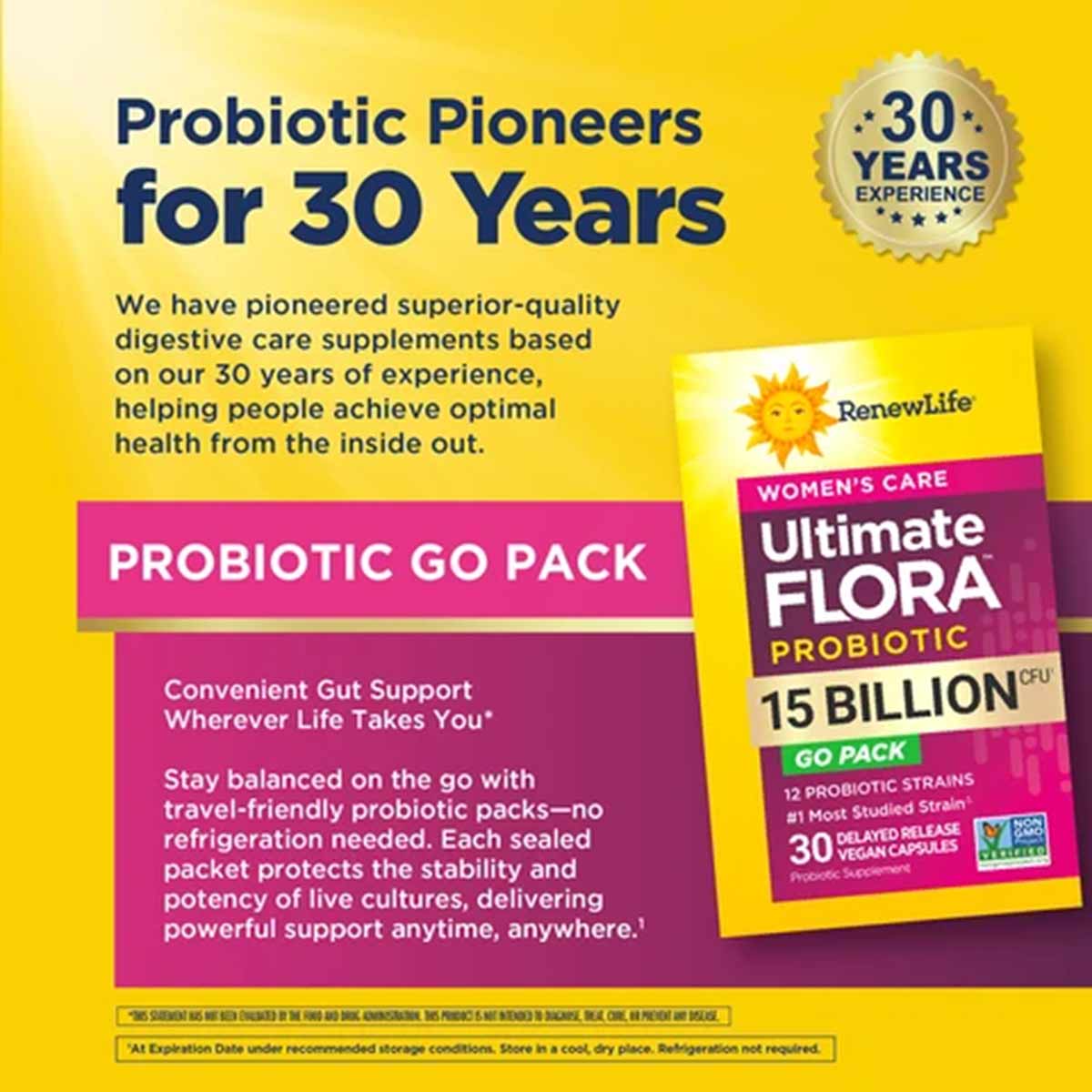 Renew Life Ultimate Flora Probiotic 15 Billion Women's Care Go Pack box with 30 delayed-release veggie capsules on yellow bac