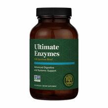 Brown glass bottle with green label containing 120 capsules of Ultimate Enzymes dietary supplement by Global Healing.