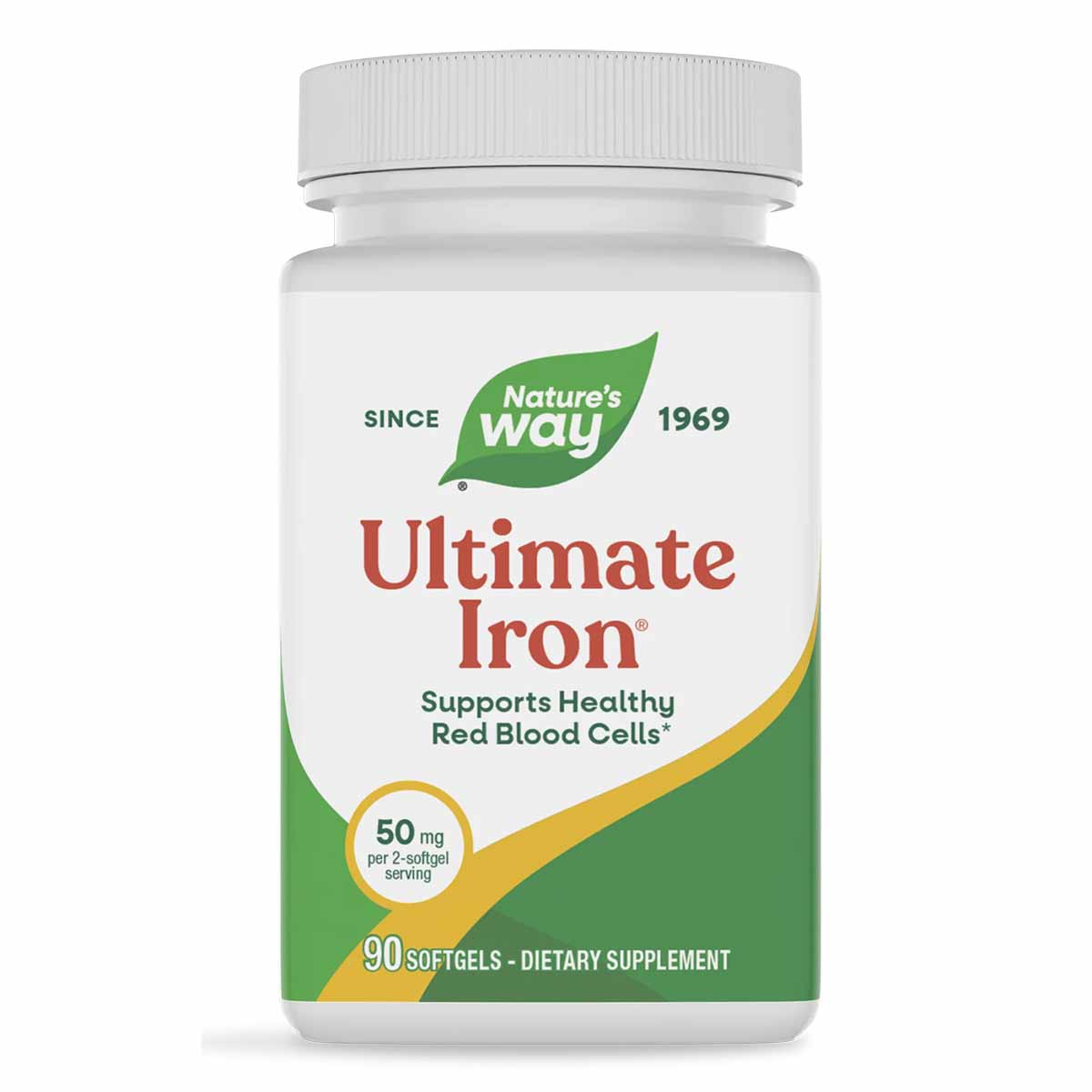 White bottle of Nature's Way Ultimate Iron dietary supplement with green leaf logo and yellow accent stripe, containing 90 so