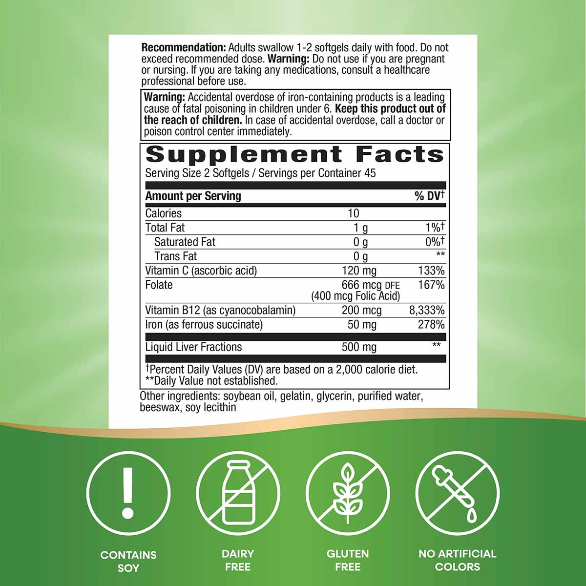 Supplement Facts label for Nature's Way Ultimate Iron softgels on green background with icons indicating dairy-free, gluten-f