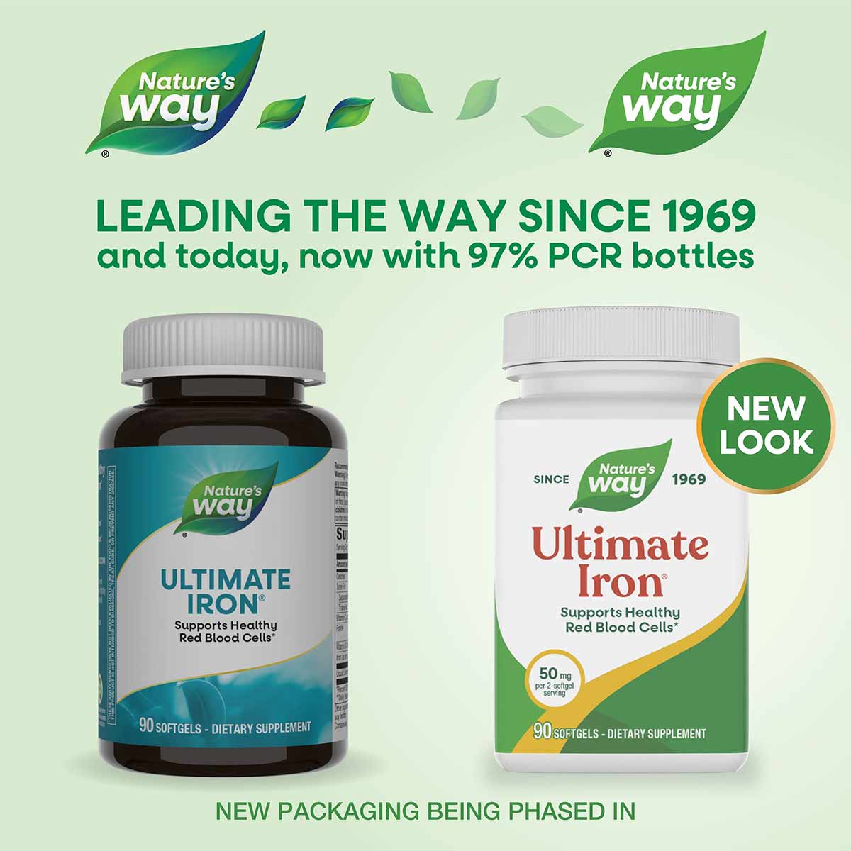 Two Nature's Way Ultimate Iron supplement bottles with 90 softgels each, showing old dark brown packaging and new white packa