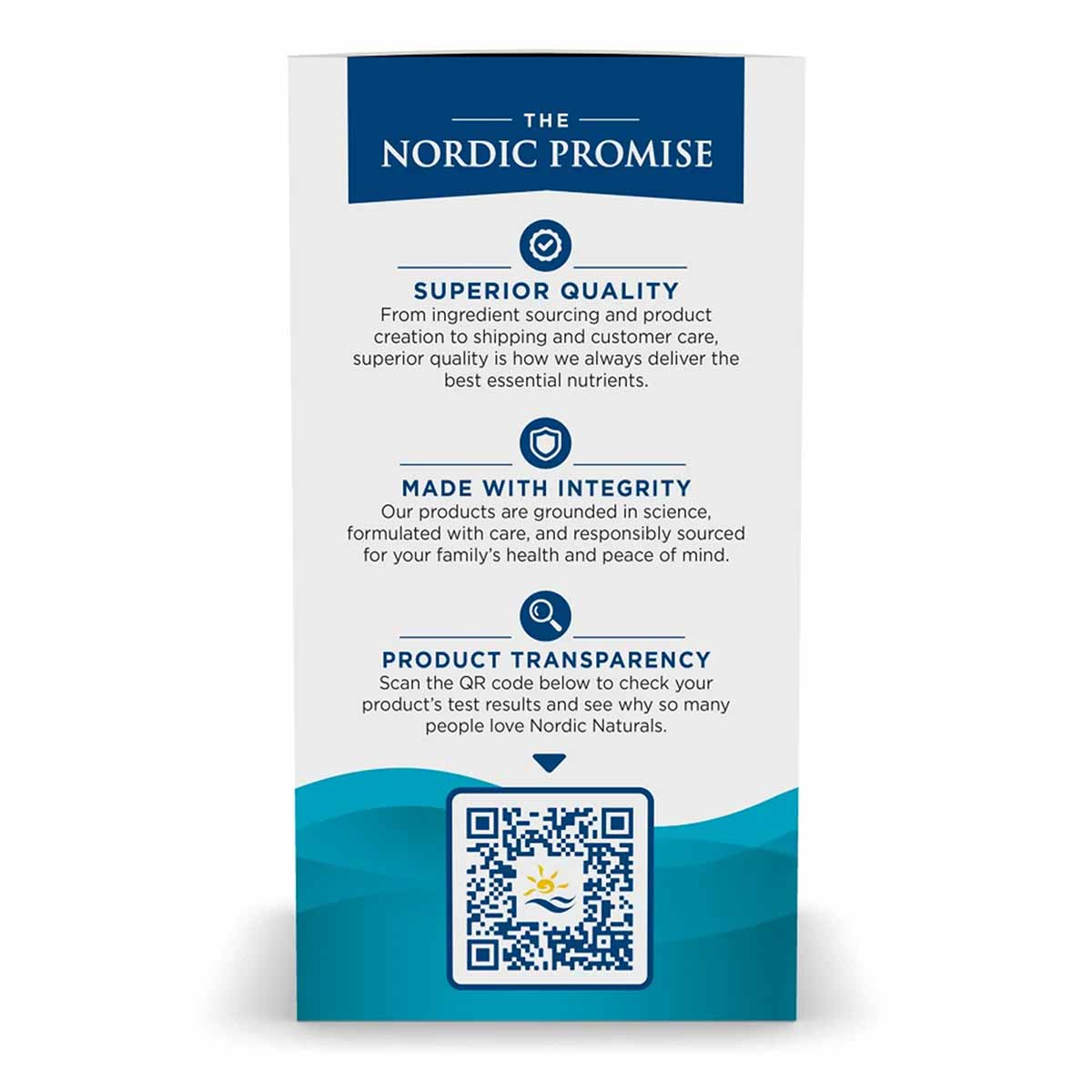 Nordic Naturals packaging with "The Nordic Promise" banner and information sections on superior quality, integrity, and produ