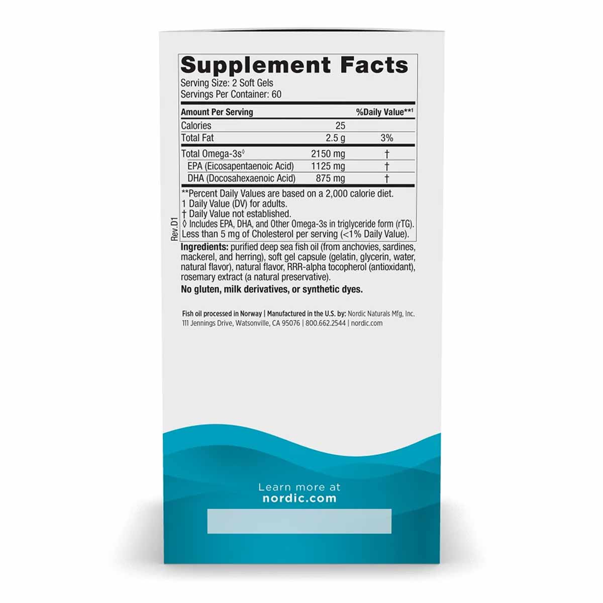 Back panel of Nordic Naturals Ultimate Omega 2X supplement bottle showing nutrition facts, ingredients, and serving informati