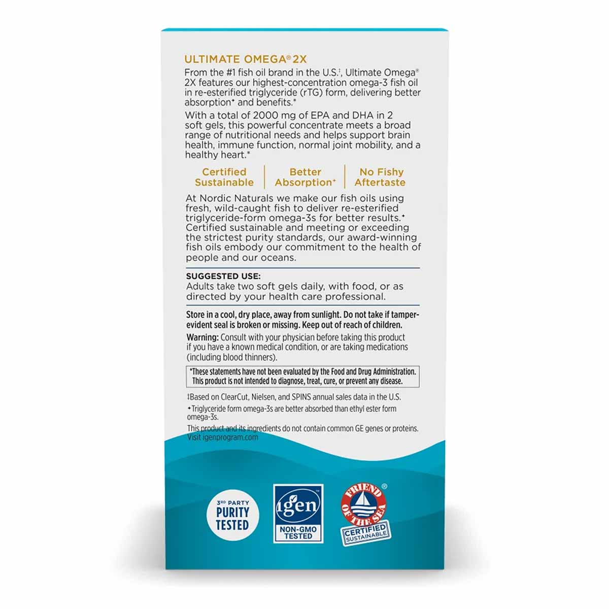 Ultimate Omega 2X supplement bottle by Nordic Naturals with product information and certification badges on packaging.