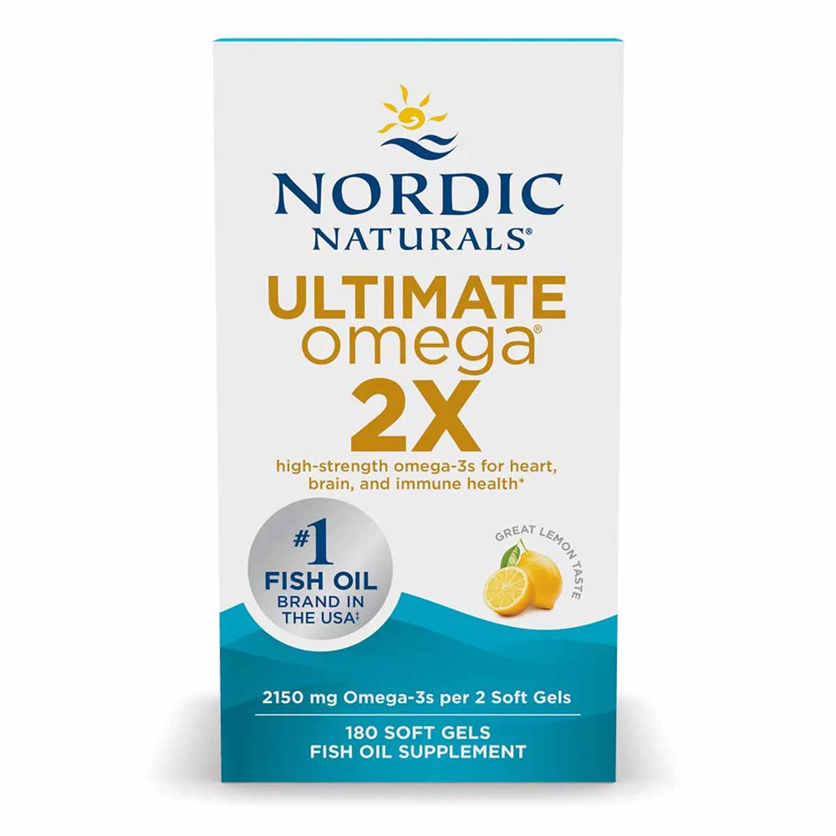 Nordic Naturals Ultimate Omega 2X supplement bottle with lemon flavor, 180 soft gels.