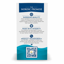 Nordic Naturals supplement bottle back panel with "The Nordic Promise" messaging, quality badges, and QR code for product tra