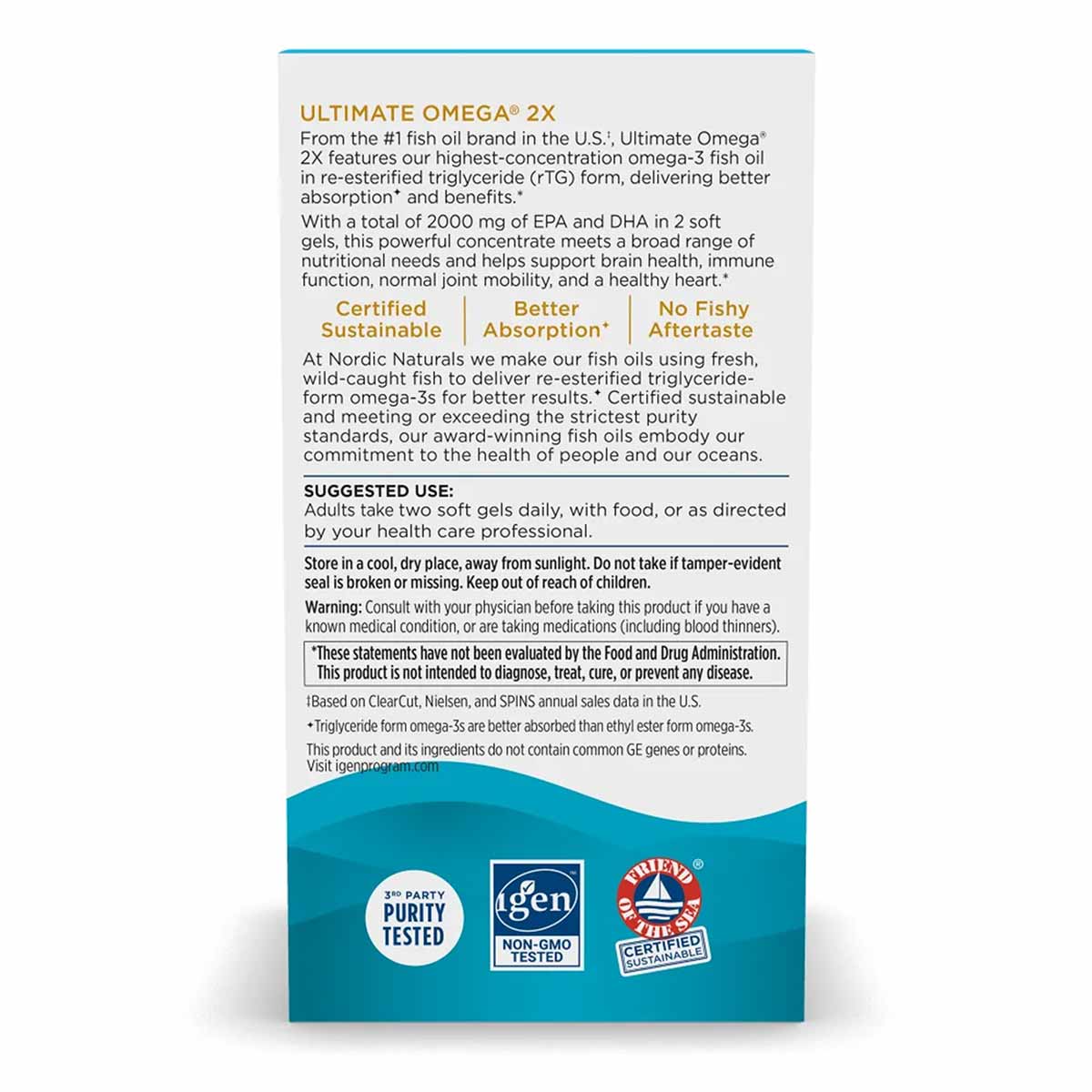 Nordic Naturals Ultimate Omega 2X supplement bottle packaging with product information and certification badges on white and 