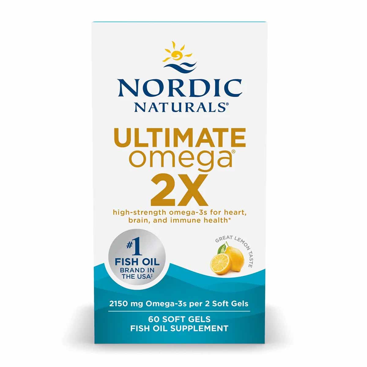 Nordic Naturals Ultimate Omega 2X bottle with lemon flavor, 60 soft gels fish oil supplement.