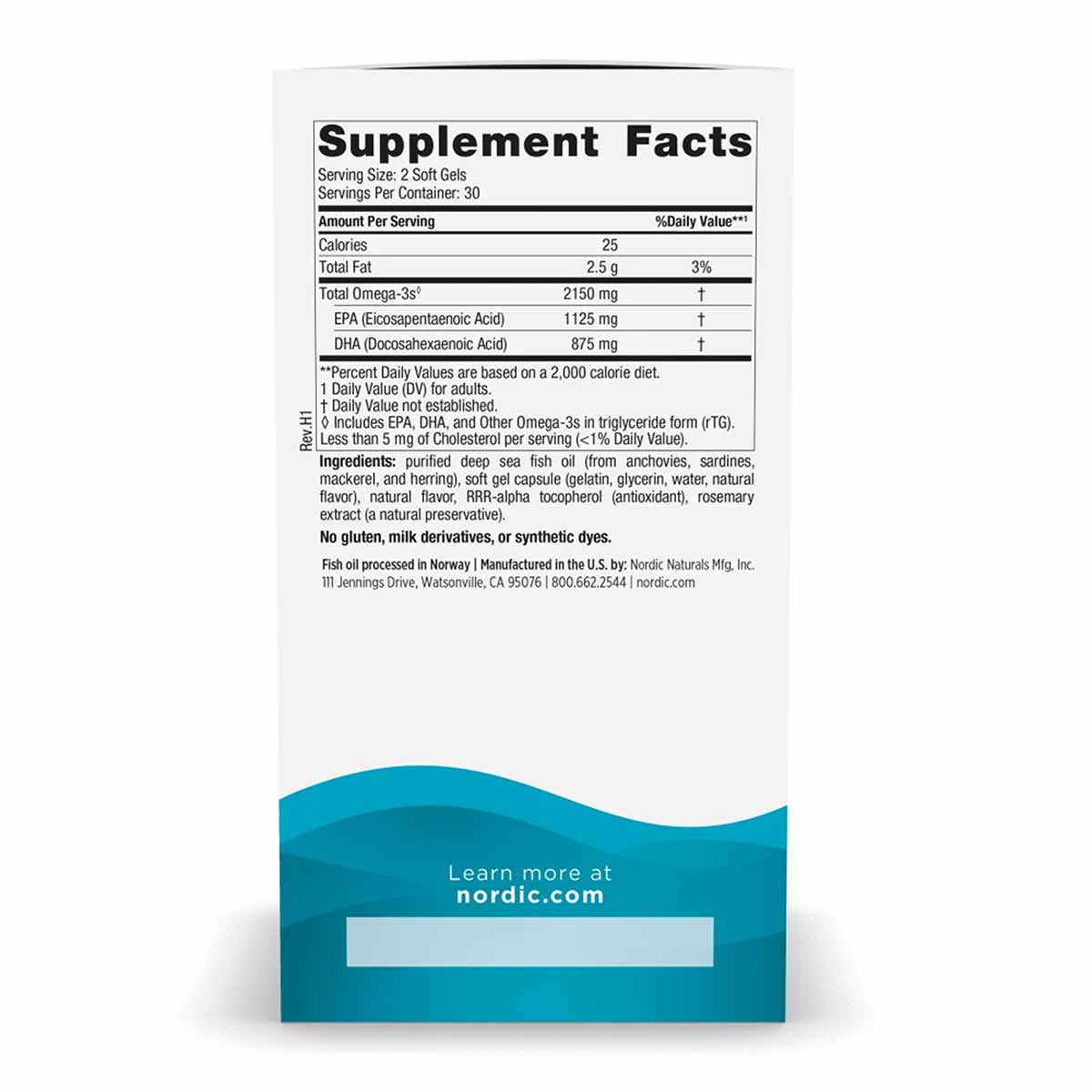 Back of Nordic Naturals Ultimate Omega 2X supplement bottle showing Supplement Facts label with omega-3 content and ingredien