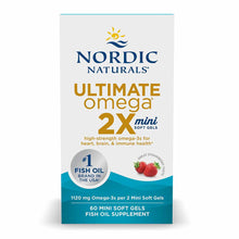 Nordic Naturals Ultimate Omega 2X Mini bottle with 60 softgels, featuring gold and teal label design.