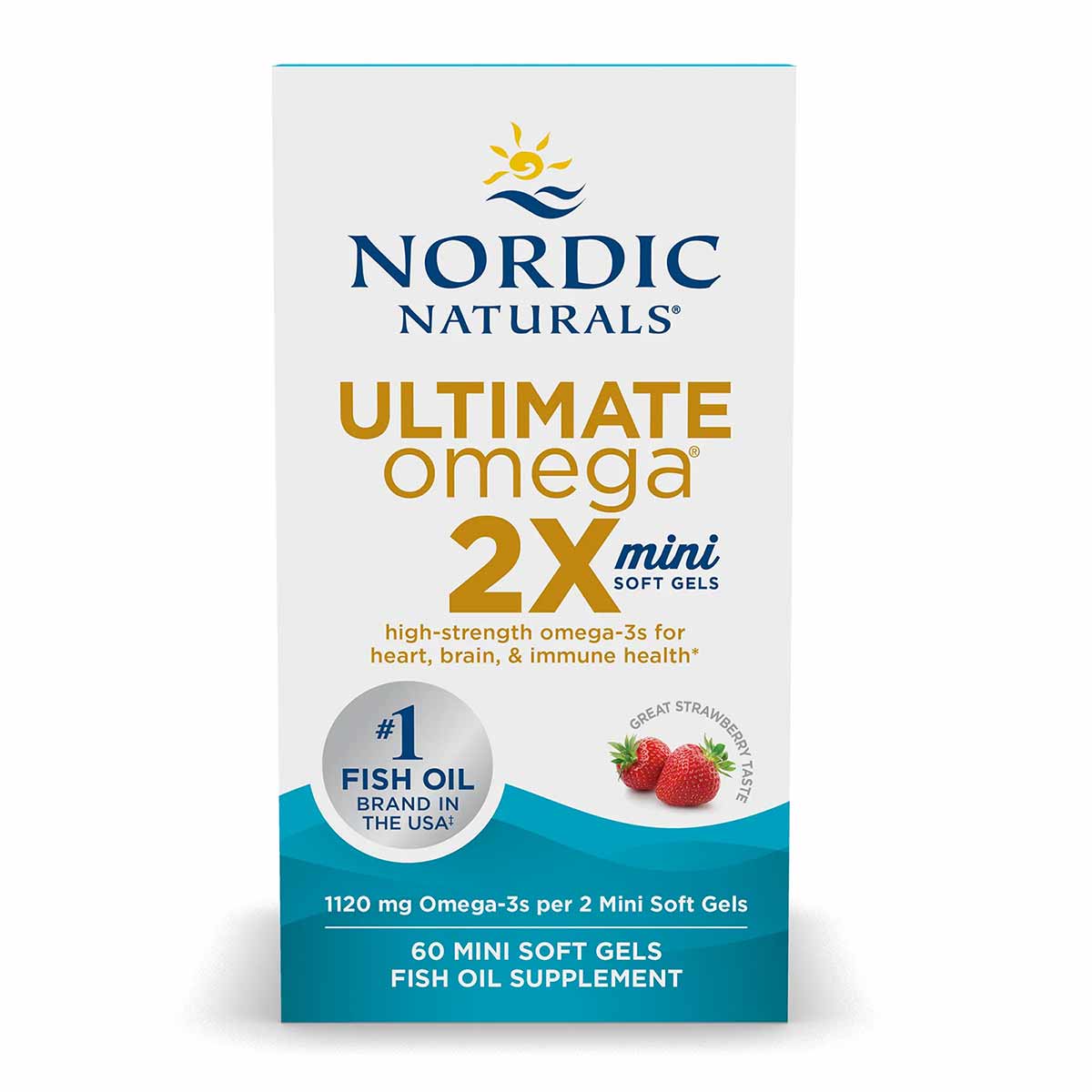Nordic Naturals Ultimate Omega 2X Mini bottle with 60 softgels, featuring gold and teal label design.